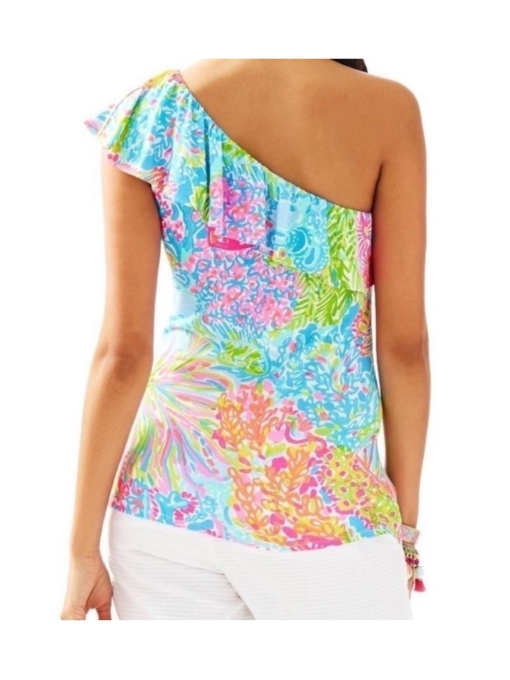 Lilly Pulitzer Nevaeh one-shoulder sleeveless tank ruffled multicolor motif